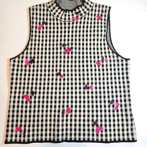 Maeve Sleeveless Mock Neck Plaid & Cherries Sweater Tank. Retails $98 - Picture 3 of 11